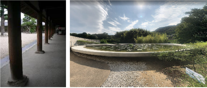 A la izquierda se presenta el corredor con gravilla del complejo Horyu ji en Kioto, Jap&oacute;n28. A la derecha se muestra el acceso con gravilla al estanque de agua del Templo del Agua en Awaji, Jap&oacute;n, obra de Tadao Ando en el 200429