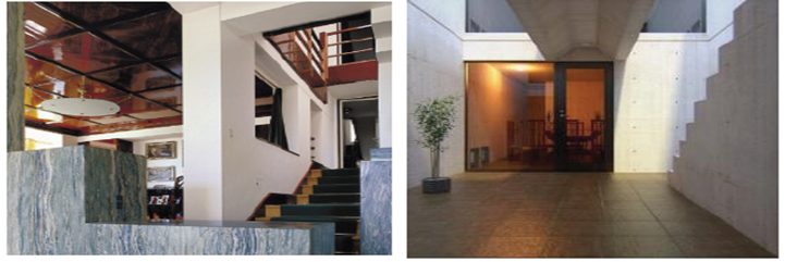 A la izquierda se muestra el interior de la Casa M&ouml;ller de Adolf. A la derecha el interior de la Casa Azuma de Tadao Ando