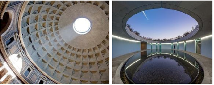 A la izquierda se presenta el &Oacute;culo del Pante&oacute;n de Agripa (118 y 125 d. C.) construido en Roma, Italia. A la derecha se encuentra la obra de Tadao Ando: &oacute;valo de la Casa Museo Benesse (1992) en Naoshima, Jap&oacute;n21