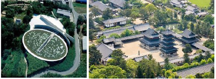 A la izquierda, se presenta una vista a&eacute;rea del Templo del agua en Hyogo, Jap&oacute;n, obra arquitect&oacute;nica de Tadao Ando. A la derecha, se aprecia el Complejo Horyuji en Kioto, Jap&oacute;n26