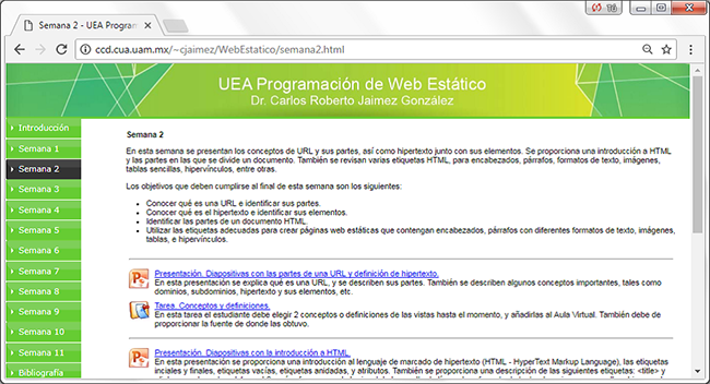 . P&aacute;gina de la semana 2 del portal web.