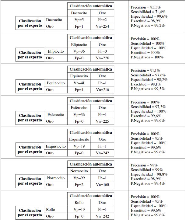 Verdaderos positivos, falsos negativos, falsos positivos y verdaderos negativos para cada tipo de célula