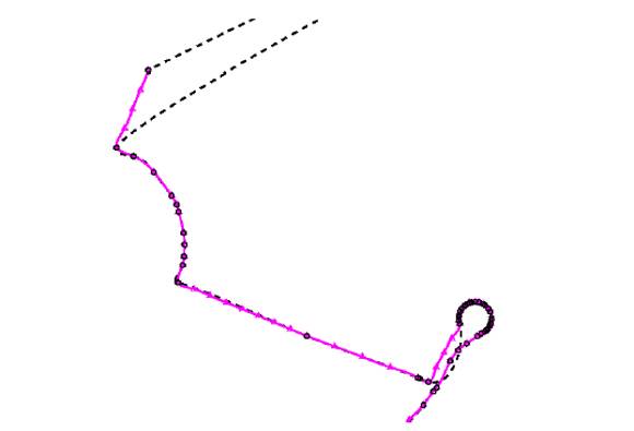 In black, original waypoints provided by Open Street Maps and associated global route curve constructed, and, in magenta, processed waypoints and associated global route curve constructed