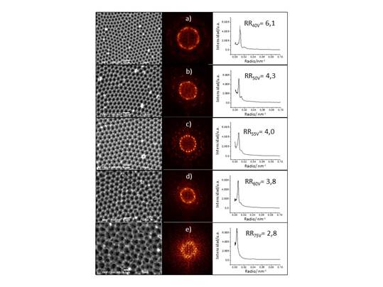 Im&aacute;genes MEB con la TRF y el perfil radial promedio de los perfiles generados en la TRF para la AAN producida en &aacute;cido ox&aacute;lico al 0,3 M a 5 &deg;C. (a) 40 V, (b) 50 V, (c) 55 V, (d) 60 V y (e) 75 V. El &aacute;rea superficial analizada fue 3,48 &micro;m2 y la escala blanca del MEB es de 0,2 &micro;m.