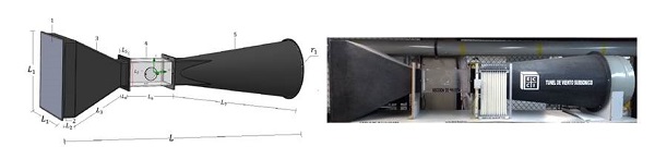 Schematic of the open-circuit wind tunnel. Digitalized plot of the wind tunnel in Universidad ECCI (left). The parts of tunnel are: (1) flow conditioner, (2) stabilizer chamber, (3) contraction section, (4) test section, and (5) the diffuser. The wind tunnel (right).