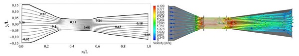 Stream lines considering irrotational flow and two-dimensional approximation (left). Stream lines of the 3D system for 10 Hz without the irrationality condition.