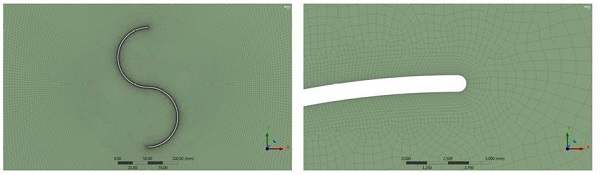 Estructura general de los mallados (izquierda). Detalle del mallado cerca a las paredes del perfil (derecha)