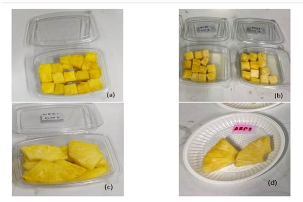Diferencias de color en las muestras en cubos a) día 0 y b) día 14 y cuartos de rodajas c) día 0 y d) día 14 para los tratamientos ACP y ARP