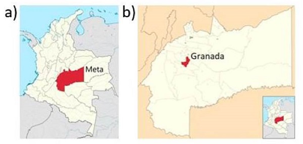 Ubicaci&oacute;n geogr&aacute;fica del centro educativo Luis L&oacute;pez de Mesa. En a) departamento del Meta y en b) municipio de Granada 30