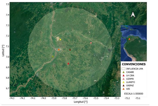 Ubicaci&oacute;n de los sensores de la red Dabeiba - LMA en los municipios de Barrancabermeja y Yond&oacute;, Santander
