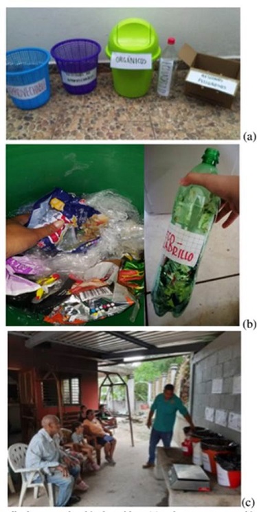 Desarrollo del estudio de caracterización de residuos (a) tachos para segregación de residuos, b) elaboración del ecoladrillo y (c) capacitación a miembros de la familia 