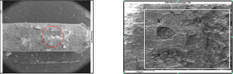 Zoom-in of the red zone of a visibly affected wire, with signs of pitting and corrosion. The chemical analysis of this zone is shown in Fig. 15