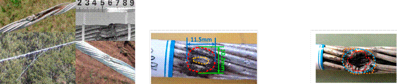 a) OPGW cable affected by an atmospheric discharge (Federal Electricity Commission) and guard cable with CFE optical fibers E1000-21. b) and c) Experimental results of controlled electrical discharges in the laboratory (11)