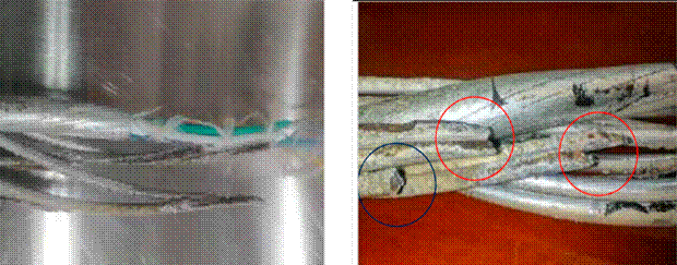 Left: failed section; right: fracture and material melting zone. Marked in red, sharp points can be observed