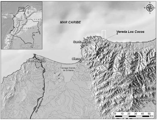 Map with location of the Los Cocos, Magdalena, Colombia.