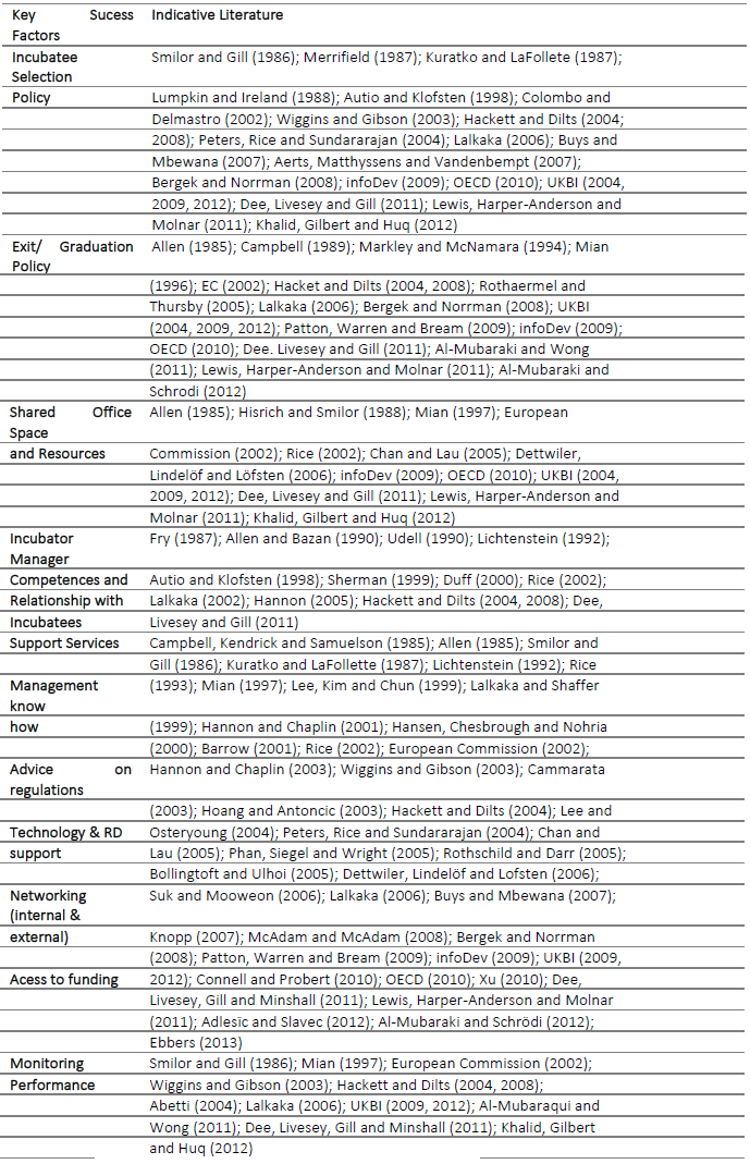 Main indicators used for the evaluation of incubators in the international literature
