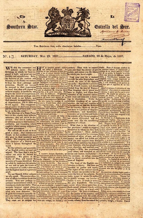 Portada del primer número de The Southern Star/La Estrella del Sur, 23 de mayo de 1807, página 1.