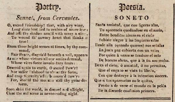 Ejemplos literarios correlativos en las dos lenguas en The Southern Star/La Estrella del Sur, número 1, 23 de mayo de 1807, página 4 (recorte)