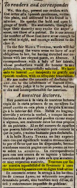 “A nuestros lectores”, en The Southern Star/La Estrella del Sur, número 2, 30 de mayo de 1807, página 4 (recorte)