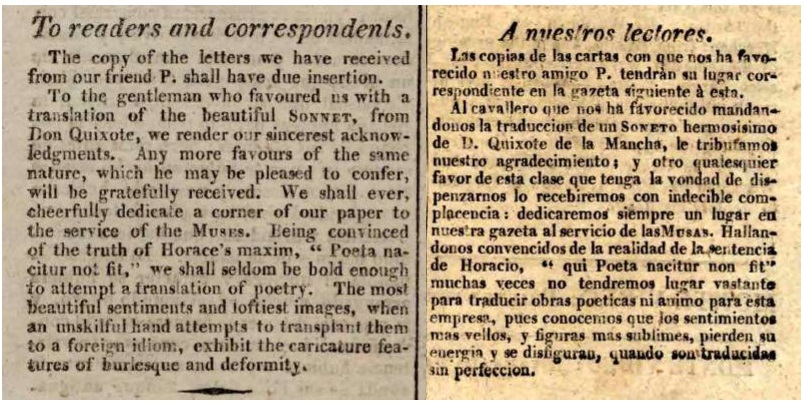 Solicitud de colaboración con traducciones para The Southern Star/La Estrella del Sur, número 1, 23 de mayo de 1807, página 4 en inglés y página 3 en español (recorte)