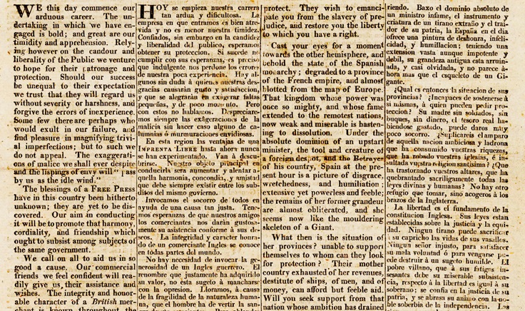 Formato de cuatro columnas de la página 1 del número 1 de The Southern Star/La Estrella del Sur (recorte)