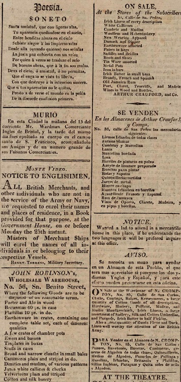 Formato de noticias seguidas, en la página 4 del número 1 de The Southern Star/La Estrella del Sur (recorte)