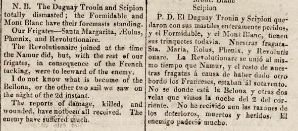 Ejemplo de adaptación del español al inglés en The Southern Star/La Estrella del Sur, número 6, 27 de junio de 1807, página 1 (recorte)