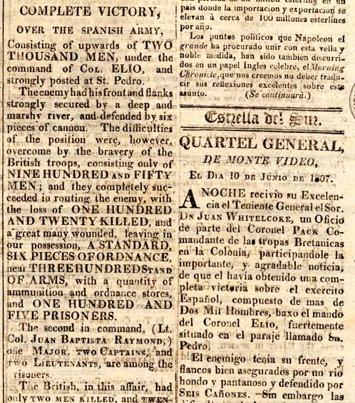 Cuidado de aspectos gráficos según el idioma en The Southern Star/La Estrella del Sur, número 4, 13 de junio de 1807, página 3 (recorte)
