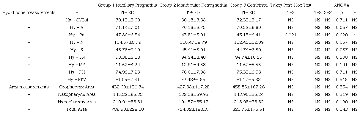Comparison of hyoid and area measurements according to the subgroups of skeletal Class II malocclusion.