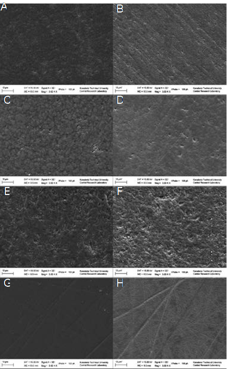 SEM Micrograph of CAD/CAM materials at magnification of ×3000 (A) BC control, (B) BC after bleaching ; (C) LU control, (D) LU after bleaching; (E) VE control, (F) VE after bleaching; (G)VS control, (H)VS after bleaching.