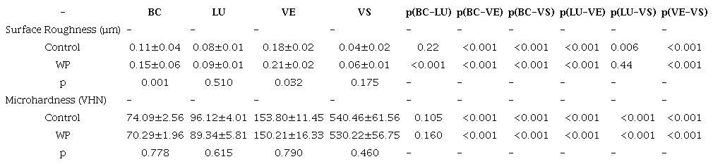 Mean surface roughness (Ra) and microhardness (VHN) values, ± standard deviations and statistical analysis .