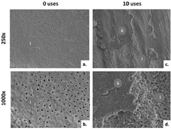 Representative SEM images of the failure type for adhesive failure after 0 uses (a. and b.) and mixed failure after 10 uses (c. and d.). i: dentin / ii: Adhesive