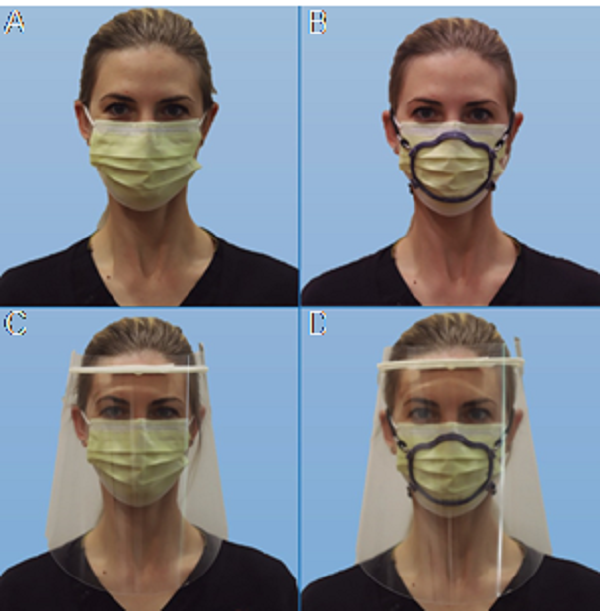 Different scenarios of the sample characterization. A=Group 1: mask only (M); B= Group 2: Mask+frame (MF); C= Group 3: Mask+face shield (MFS); D= Group 4: Mask+frame+ face shield (MFFS).