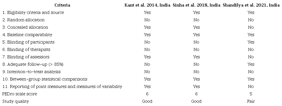 PEDro scale methodological quality assessment of included studies.