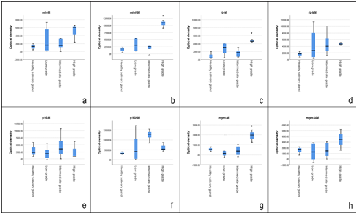 Graphs that shows a significances statistically in the state of methylation for Rb, MGMT and hMLH-1non methylated.