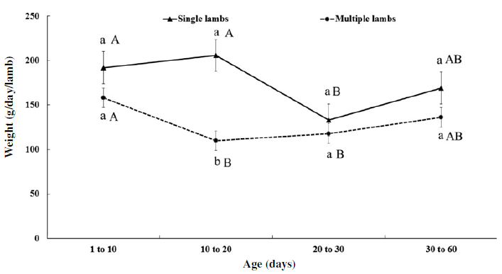 Effect of type of birth
and age of the lamb on preweaning daily weight gain
of the Pelibuey lamb. a, b,
least squares mean &plusmn; SE between lines with different superscript letters are
significantly different (P < 0.05). A, B, least squares mean &plusmn; SE in the
same line with different superscript letters are significantly different (P
< 0.05). 

 