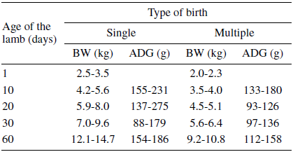 Confidence interval (95%) for body weight (BW) and average daily gain
(ADG) by type of birth and age of Pelibuey lambs.