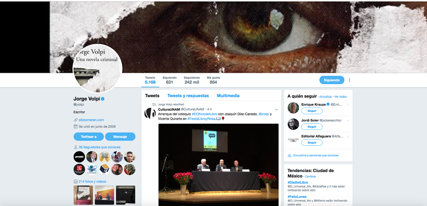 Captura de pantalla de la cuenta oficial de Jorge Volpi en Twitter