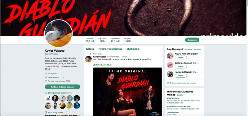 Captura de pantalla de la cuenta de Xavier Velasco en Twitter