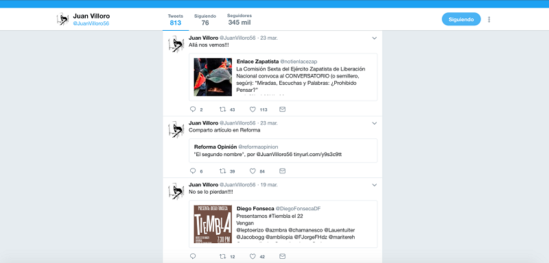 Captura de pantalla de la cuenta oficial de Juan Villoro en Twitter