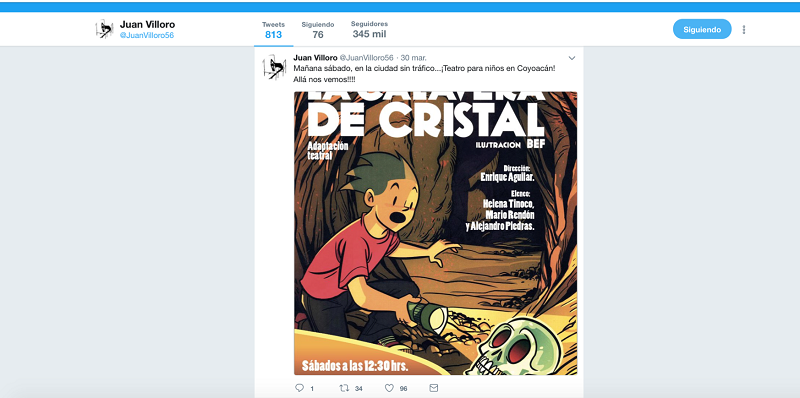 Captura de pantalla de un retweet de Juan Villoro. En la imagen puede observarse el retweet que realiza el escritor a un promocional de su obra de teatro