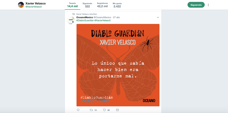 Captura de pantalla de un retweet de Xavier Velasco. En la imagen se aprecia el retweet del escritor sobre el promocional de Editorial Oc&eacute;ano de su novela Diablo Guardi&aacute;n