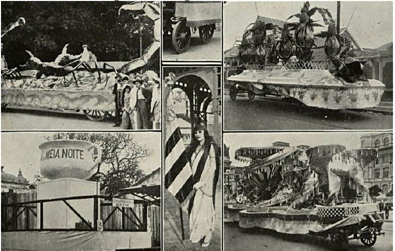 Préstito do Club dos Democráticos de 04 de março de 1919. Note-se no quadrante inferior da imagem, o carro alegórico em formato de xícara