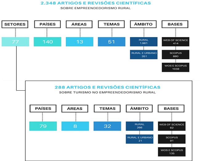 Esquema das classifica&ccedil;&otilde;es realizadas com os documentos cient&iacute;ficos sobre empreendedorismo rural, no per&iacute;odo de 1999 at&eacute; junho de 2019, demonstrando a quantidade encontrada para cada item.