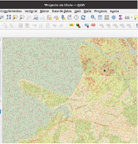 Imagen georreferenciada en el sector de Puc&oacute;n con simulaci&oacute;n de puntos notificados de quemas, utilizando QGIS.
