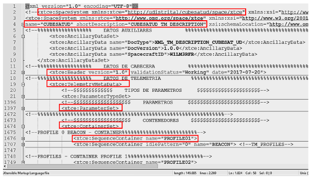 Cabecera y estructura XTCE de la base de datos CubeSat.