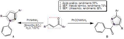 Síntesis de 2-pirazolinas empleando solventes eutécticos profundos (SEP) y líquidos iónicos.