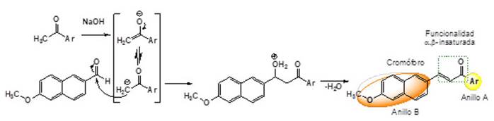 Mecanismo propuesto para la reacci&oacute;n de Claisen-Schmidt catalizada por base
