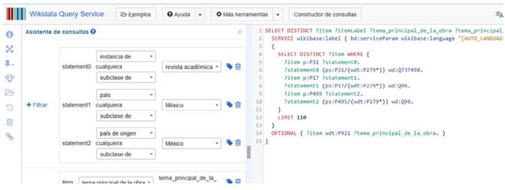 Captura de pantalla de la b&uacute;squeda con el Wikidata Query Service, utilizando el asistente de consultas para encontrar las revistas acad&eacute;micas de M&eacute;xico