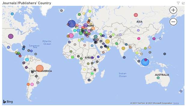 Georreferenciación de revistas indexadas en DOAJ. Fuente: DOAJ (2023).
